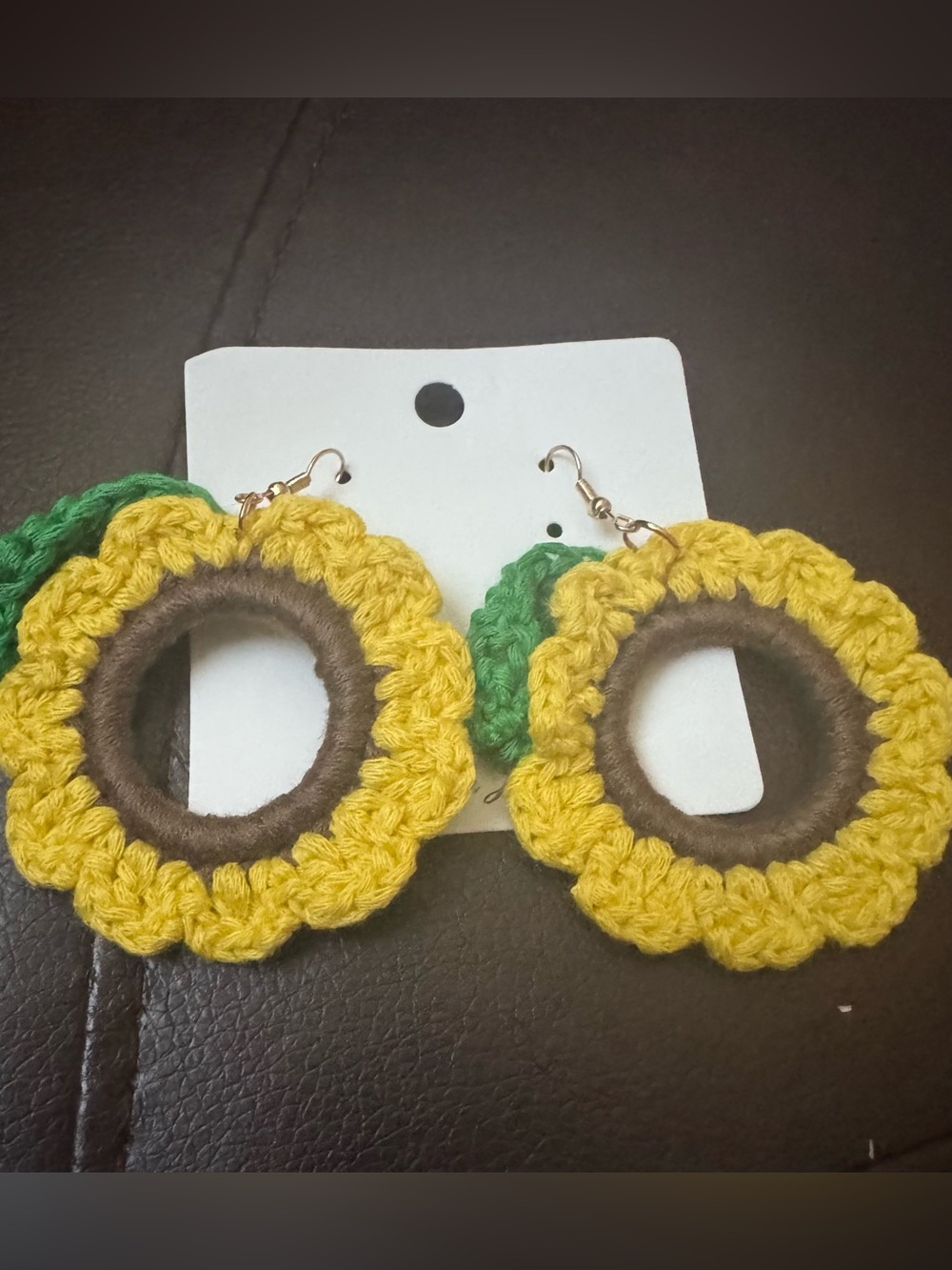 NWT Yellow Sunflower Crochet Hoop Earrings with Green Leaf Accent, Fall Earrings